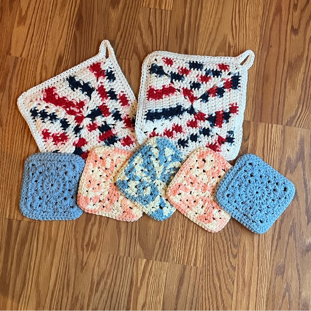 Hand Crocheted Pot Holders And Doilies Seven Total Multi Colors